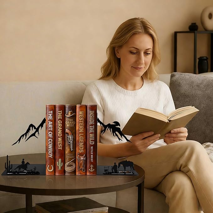 Western Cowboy Metal Bookends – Decorative Book Ends for Shelves, Heavy Duty Book Holders, Unique Vintage Bookends, Novelty Book Stoppers for Home Office Shelf Decor