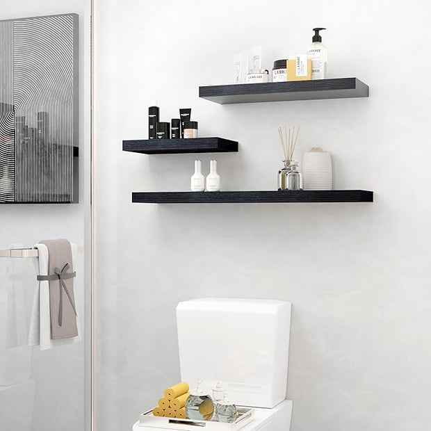 Fun Memories Floating Shelves - 2 Pack 9.3 Inch Deep Rustic Wooden Wall Shelves - Wall Mounted Storage Shelf with Invisible Brackets, 24" W x 9" D x 1.6" H - Black