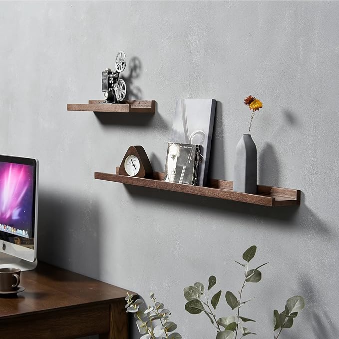 12 Inch Floating Shelves Wall Mounted Set of 2, Rustic Wall Shelves for Decor and Storage, Solid Walnut Wood Shelf, Picture Ledge for Bedroom/Bathroom/Living Room/Kitchen, Walnut Color, 12*4*1.5