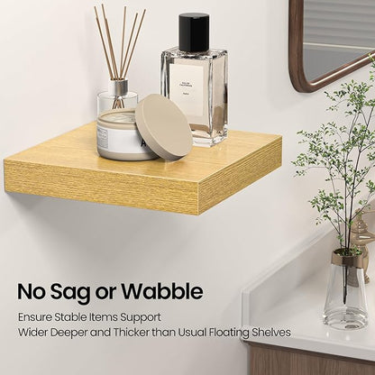 Square Floating Shelves for Wall, 10" W x 10" D x 1.4" H, Small Wooden Wall Mounted Display Shelves with Invisible Brackets for Living Room, Bedroom, Bathroom, Kitchen Decor, Set of 4, Oak