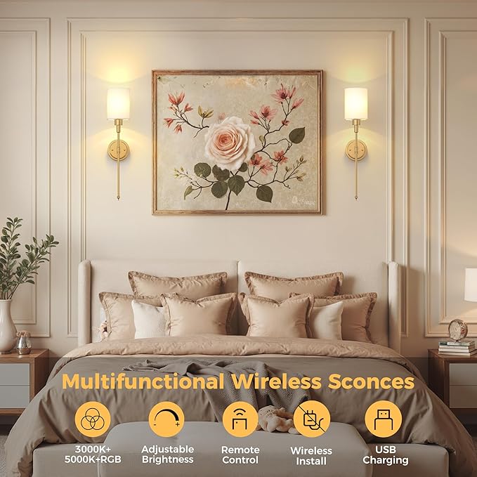 DORESshop Battery Operated Wall Sconce Set of 2, Wireless Wall Light Easy to Install, 7 Color Rechargeable Wall Sconces, Sconce Wall Decor Set of 2 for Bedroom, Living Room, Gold, 24.3in
