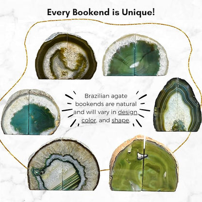 Nature's Decorations Agate Bookends - A Quality Green Geode with Non-Skid Rubber Bumpers for Shelves, Office, Home Decor, Heavy Duty Cute Stone (2-3 LB)