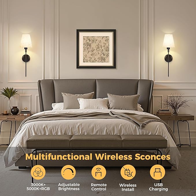 DORESshop Battery Operated Wall Sconce Set of 2, 7 Color Wireless Wall Light Easy to Install, Sconce Wall Decor Set of 2 for Bedroom, Living Room, Fabric Linen Shade, Black, 24.6in