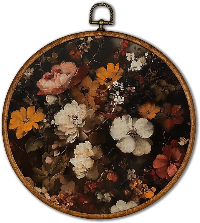 KSDUT Flower Wall Art Decor - Botanical Neutral Mid Century Modern Wall Art Canvas Frame Hanging Prints, Vintage Landscape Round Wall Art Decor for Home Decorations 10"x10"