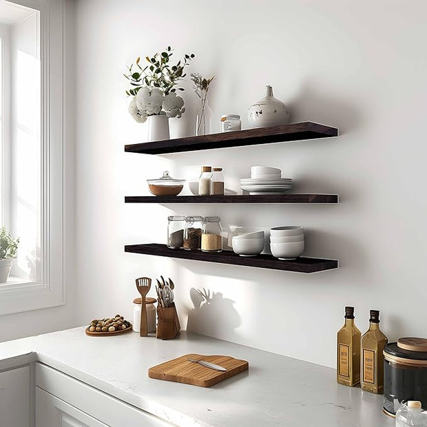 PHPH 36 Inch Wood Floating Shelves for Wall, Wooden Wall Shelves for Bedroom, Set of 4 Brown