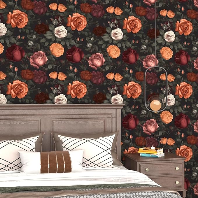 Vintage Floral Peel and Stick Wallpaper Dark Black Rose Floral Contact Paper 17.5'' x 393'' Waterproof Self Adhesive Boho Orange/Red Flowers Wall Mural Wall Paper for Bedroom Stair Cabinet Decor