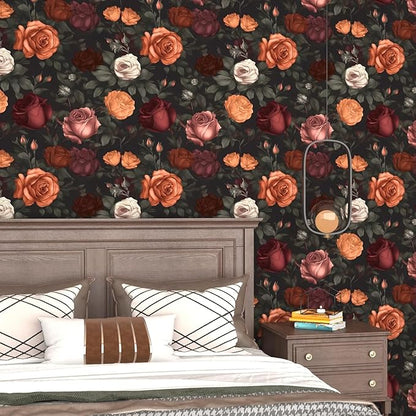 Vintage Floral Peel and Stick Wallpaper Dark Black Rose Floral Contact Paper 17.5'' x 393'' Waterproof Self Adhesive Boho Orange/Red Flowers Wall Mural Wall Paper for Bedroom Stair Cabinet Decor