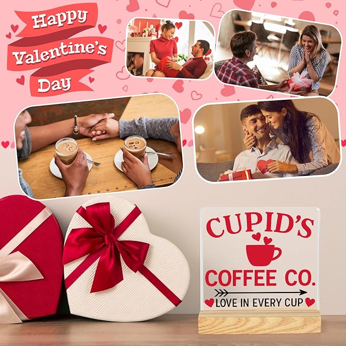Valentines Coffee Desk Decor, Valentine's Day Gifts for Lover Bar Station, Valentine Home Office Table Sign for Kitchen Shelf Tiered Tray, Cafe Tabletop Decoration to Couples, Coffee Co Love