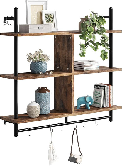 Bestier 41.5" Floating Shelves for Wall 3 Tier Kitchen Shelves Wall Mounted Coffee Bar Shelf Hanging Shelf with 8 Hooks, Industrial Display Pipe Shelving for Kitchen Living Room Bathroom, Rustic Brown