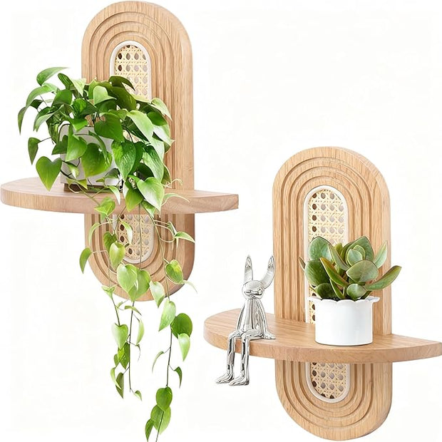 Floating Shelves for Wall, Boho Rattan Shelf Set of 2, Unique Small Decorative Shelf Wall-Mounted, Nature Wood Shelves for Living Room,Bedroom,Nursey Room (Natural)