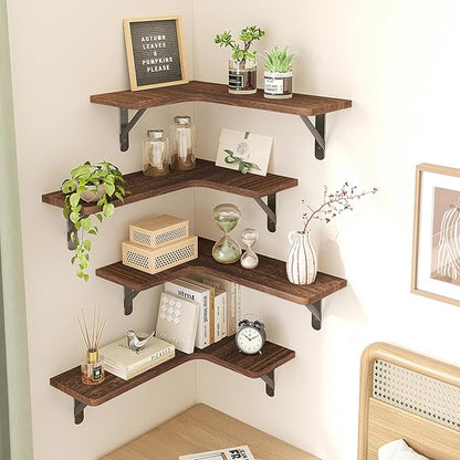 Fixwal Corner Floating Shelves for Wall, Rustic Wood Wall Mounted Shelf for Bathroom, Kitchen, Bedroom, Home Decor, Laundry Room, Living Room, Set of 5 (Dark Carbonized Black)