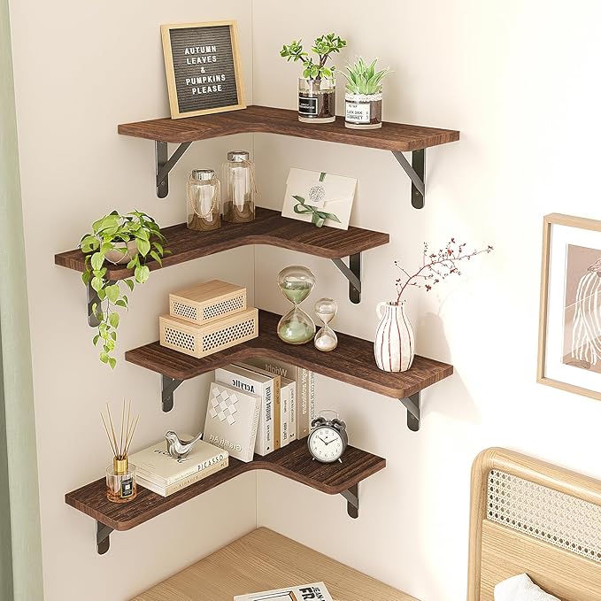 Fixwal Corner Floating Shelves for Wall, Rustic Wood Wall Mounted Shelf for Bathroom, Kitchen, Bedroom, Home Decor, Laundry Room, Living Room, Set of 5 (Dark Carbonized Black)