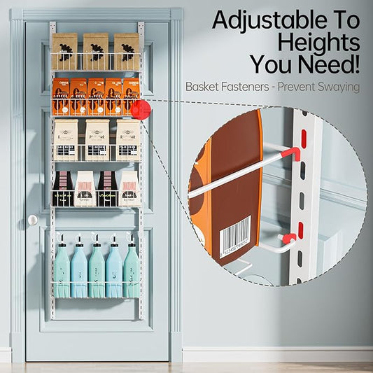 Delamu Adjustable Cabinet Door Organizer, 6-Tier Hanging Spice Rack Organizer, Metal Over the Door Pantry Organizer, Pantry Organizers and Storage Shelves for Kitchen Bathroom Laundry Room, White M