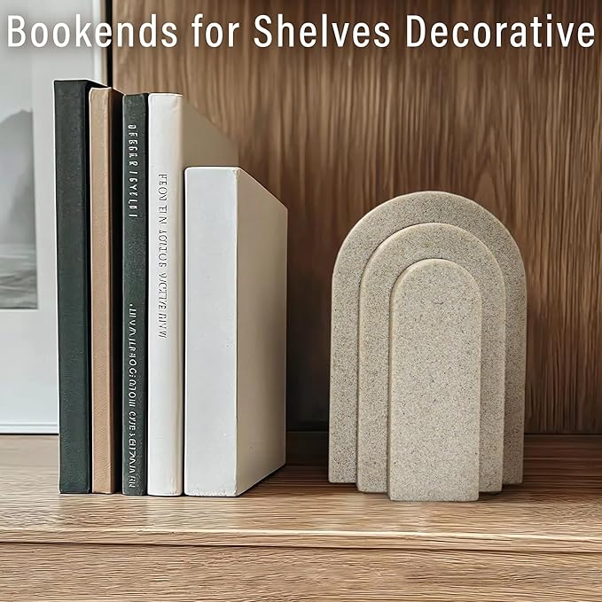 Heavy Duty Bookends for Shelves, 6.6 LBS Heavy Book Ends for Heavy Books, Decorative Modern Bookends with Faux Sandstone Look, Layered Arch Book Stopper for Bookshelf Holder Set of 2, Beige