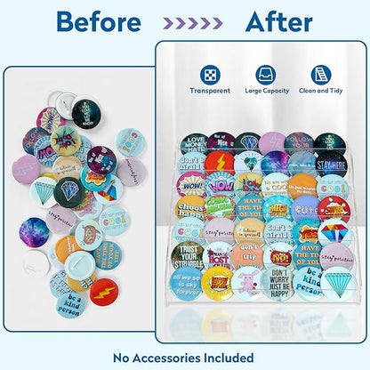 PACMAXI 7-Layer Transparent Button Pins Display Case, Large Capacity Storage Organizer for 35-60 Badges, Portable and Durable Display Box (No Button Pins Included) (7-Layers)