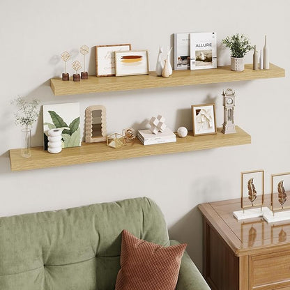 48 Inch Floating Shelves | 6.5 Inch Deep Oak Floating Shelves Set of 2 | 48" W x 6.5" D Rustic Oak Shelves with Invisible Brackets for Bathroom Living Room Bedroom