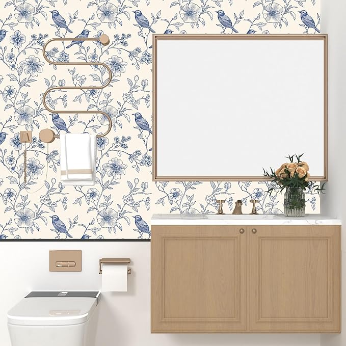 Beige Wallpaper Peel and Stick Blue Floral Bird Vintage Contact Paper 17.5