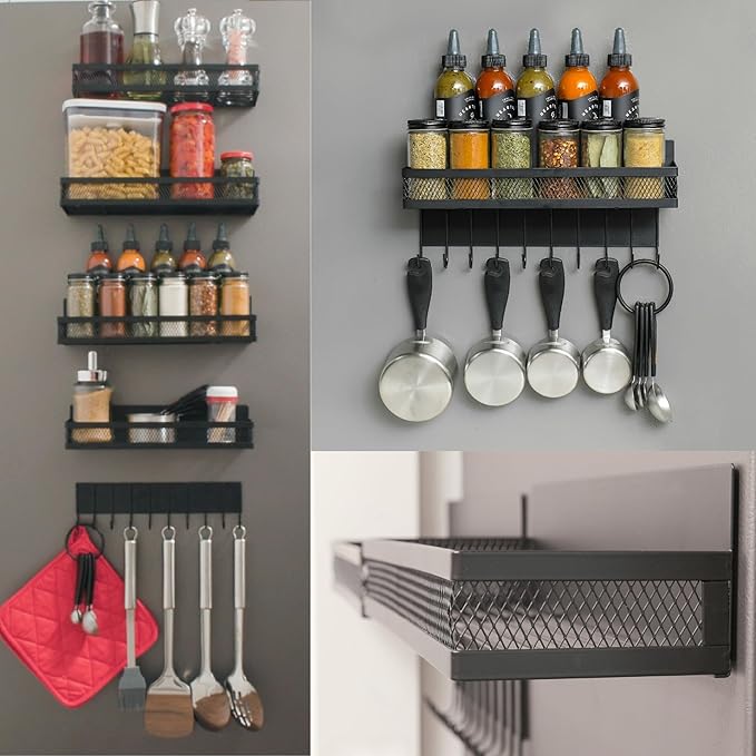 SPICE FLOAT Magnetic Spice Organizer Racks - 4 Premium Metal Racks + 1 Hanging Hook Bar Kitchen Shelf - Seasoning Organizer For Kitchen Appliances (3.94