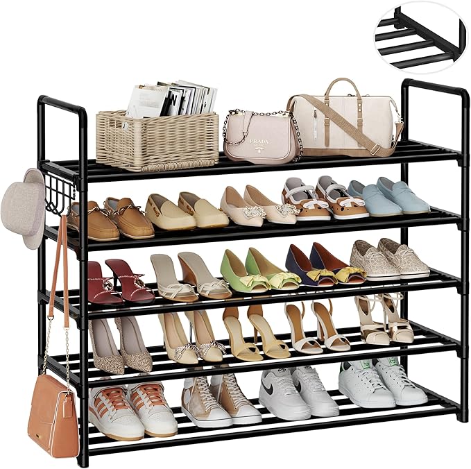 Metal Shoe Organizer,5 Tiers Shoe Storage Shoe Rack with Hooks,Fit 20-25 Pairs,Adjustable Shoe Shelf for Entryway,Hallway,Bedroom,Metal Bottom Support