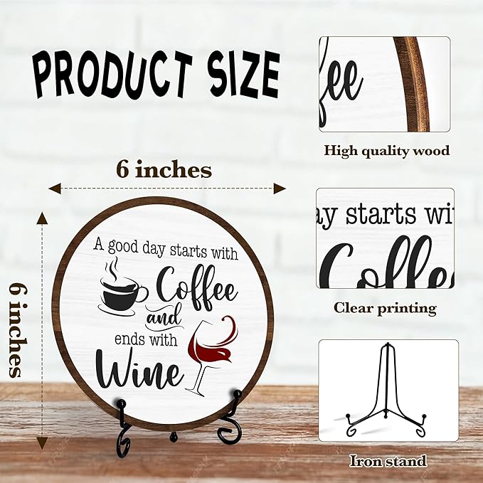 Coffee And Wine Desk Decor Sign, Rustic Funny Wooden Box Plaque, A Good Day Starts With Coffee And Ends With Wine Wood Sign, Decor For Home Kitchen Table Top, Wooden Round With Stand-20