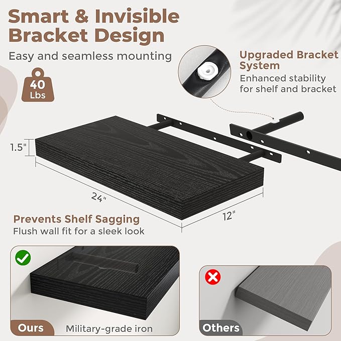 24 Inch Floating Shelves for Wall Set of 2, 12