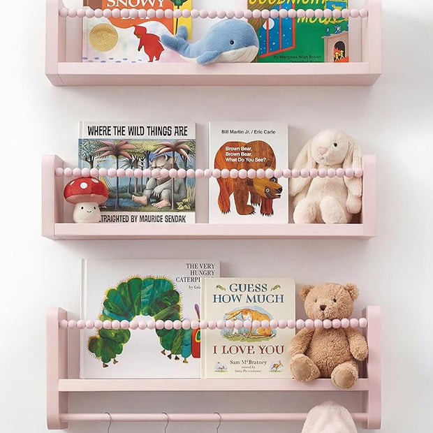 Nursery Book Shelves for Wall Set of 3, Pink Natural Wood Bookshelf Wall Decor, Small Floating Shelf Organizer for Kids Room, Bedroom, Kitchen Spice Rack