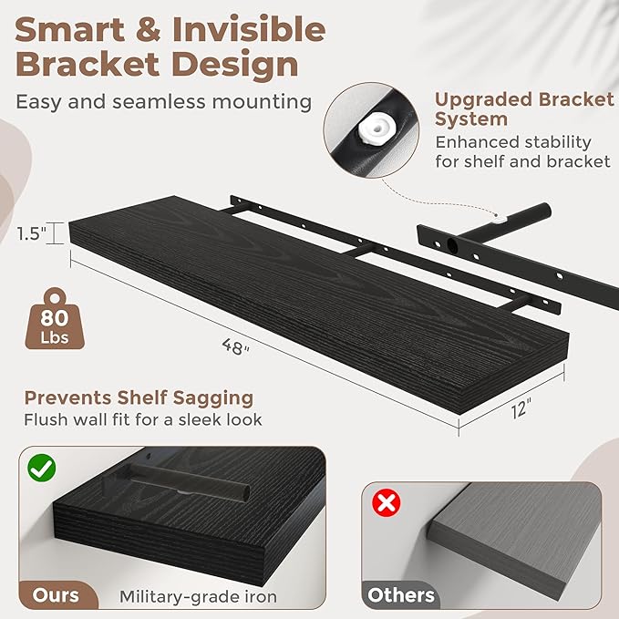 48 Inch Long Floating Shelves for Wall Set of 2, 12