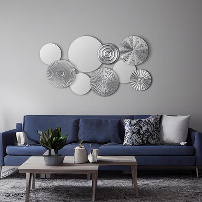 Blulu 9 Pcs Silver Mirror Wall Decor Metal Round Home Art Decor Decorative Modern Circle Mirror Wall Art Sculpture Hanging Decorations for Home Living Room Office