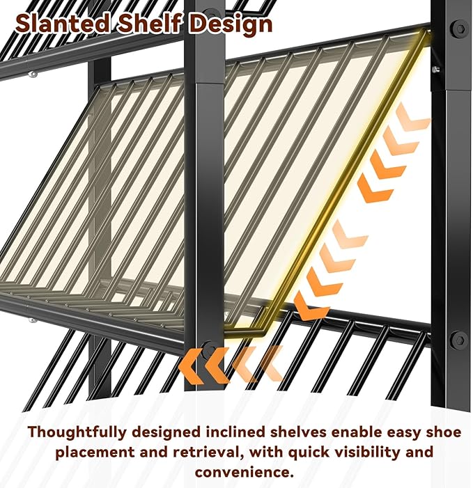 4 Tier Narrow Shoe Rack, Slanted Metal Shoe Organizer with Wooden Top and Metal Frame-Shoe Storage Shelf for Entryway, Closet, Rustic Brown and Black