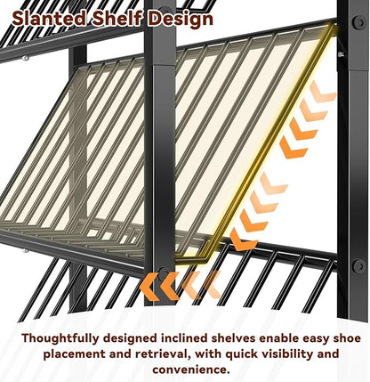 4 Tier Narrow Shoe Rack, Slanted Metal Shoe Organizer with Wooden Top and Metal Frame-Shoe Storage Shelf for Entryway, Closet, Rustic Brown and Black