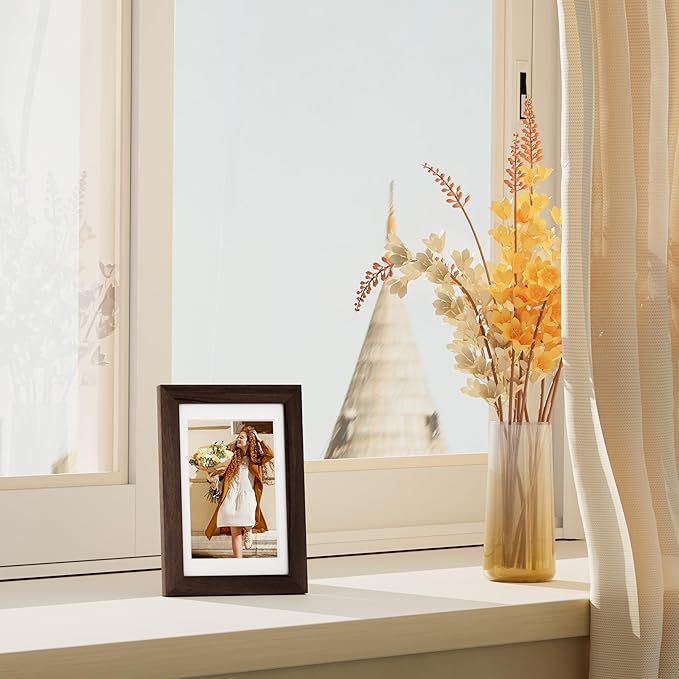 Vittanly 4x6 Picture Frame Set of 4, Display Pictures 3.5x5 with Mat or 4x6 without Mat, Engineered Wood with Shatter Resistant Plexiglass, Small Photo Frames for Wall or Tabletop Display, Brown