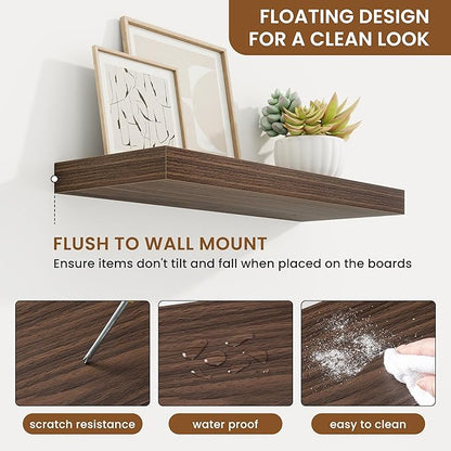 fuqing Floating Shelves for Wall, Wall Mounted Wood Floating Shelf with Invisible Brackets for Living Room, Bathroom, Bedroom, Kitchen Storage and Decor, 20 Inch Set of 2, Walnut
