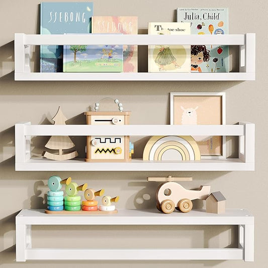 Upgraded Thick Floating Shelves, Solid Wood Bookshelf for Wall, Floating Book Shelves Use as Wall Shelves for Bedroom, Kids Room, Nursery, Books, Spice Rack & Decor - White