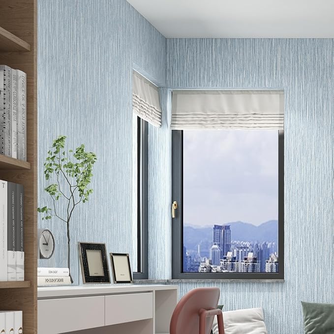 Haimin Grasscloth Wallpaper Textured 24in X 393in Fabric Contact Paper Light Blue Wall Paper Textured Linen Peel and Stick Self-Adhesive Thick Vinyl Embossed Film Wallpaper