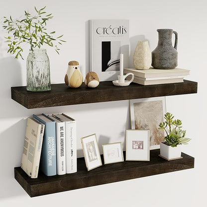 fuqing 30 Inch Floating Shelves for Wall - 9.3 Inch Deep Natural Wood Shelves Set of 2-30W x 9.3D x 1.6H Wall Mounted Shelves with Upgraded Metal Brackets for Room Wall