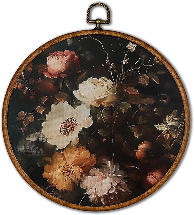KSDUT Retro Flower Black Wall Art Decor - Botanical Neutral Mid Century Modern Wall Art Canvas Frame Hanging Prints, Vintage Landscape Round Wall Art Decor for Home Decorations 10"x10"