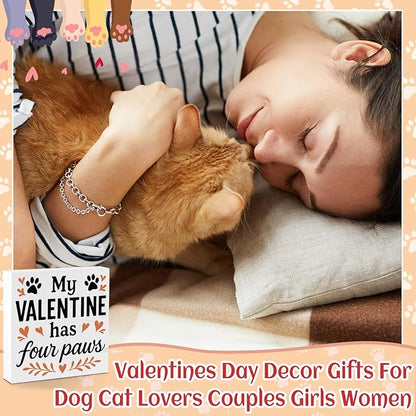 Valentines Cat Dog Desk Decor, Valentine's Day Gifts for Cats Dogs Lover Pet Parent, Home Office Table Sign Decoration for Shelf Tiered Tray, My Valentine Has Four Paws
