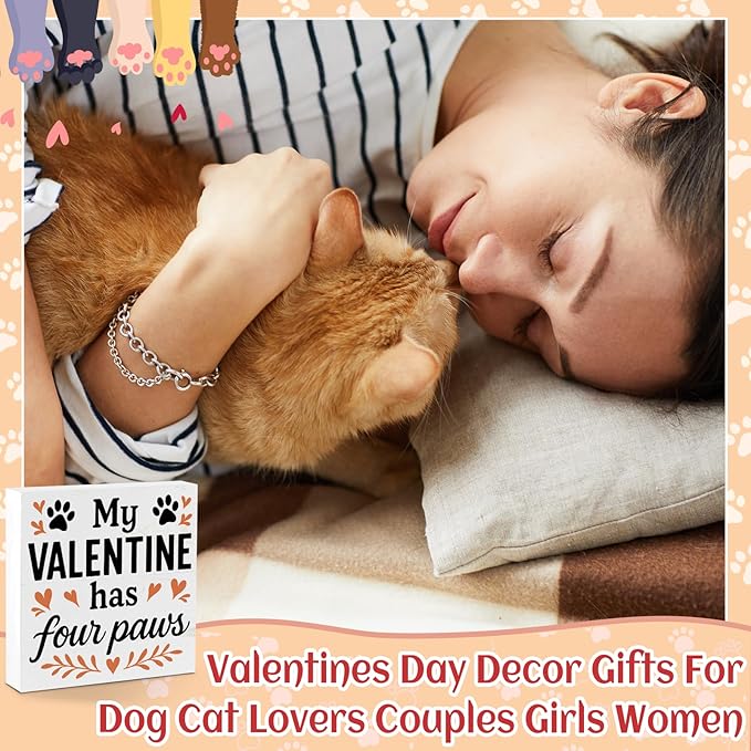 Valentines Cat Dog Desk Decor, Valentine's Day Gifts for Cats Dogs Lover Pet Parent, Home Office Table Sign Decoration for Shelf Tiered Tray, My Valentine Has Four Paws
