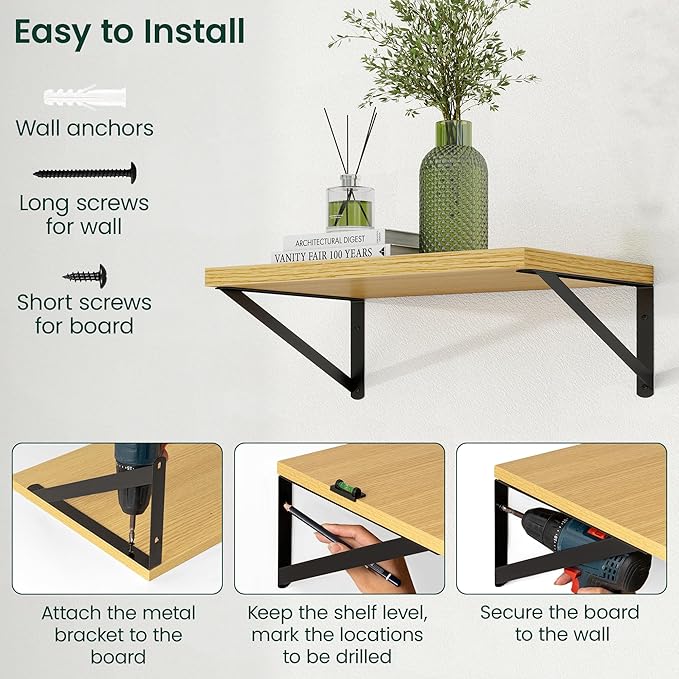 Floating Shelves, 12 Inch Deep Rustic Wood Wall Storage, 48W x 12D Wall Shelves Set of 2, Heavy Duty Metal Brackets, Large Industrial Book Shelf for Living Room, Kitchen, Bedroom, Oak