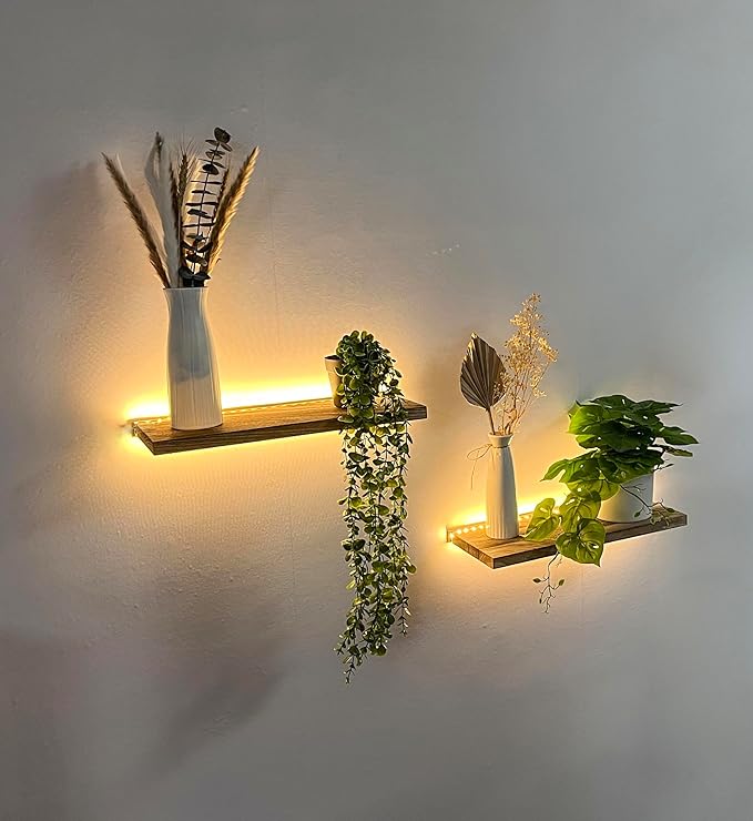 Floating Shelves for Wall Decor Wood Wall Mounted Shelves with LED Lights Set of 2, Sturdy Rustic Wood Shelves Farmhouse Shelf Hanging for Bedroom, Bathroom, Living Room, Kitchen (USB Powered)