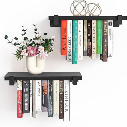 2 Set of Floating Bookshelf, Pine Wood Invisible Bookshelf, Hanging Bookshelves for Wall, Unique Space Saving Wall Bookcase, New Black (16.5L×8.7W×1.5H)