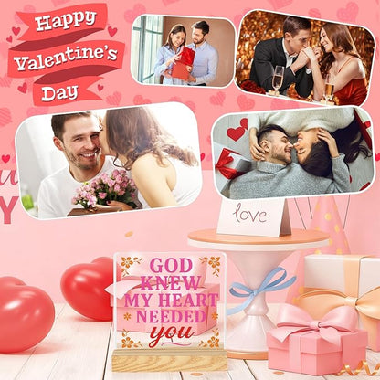 Valentines Desk Decor, Happy Valentine's Day Home Office Table Sign for Porch Tiered Tray Shelf Party, Rustic Romantic Acrylic Gifts Decorations for Him Her Wife, God Knew My Heart Needed You