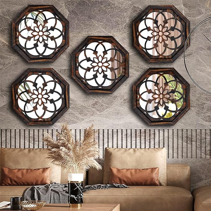 2-Piece Octagon Wall-Mounted Mirrors,Vintage Farmhouse Mirror for Wall Decor,Caramel Color Decorative Accent Mirror for Foyer, Bathroom, Bedroom. (12”x12”)
