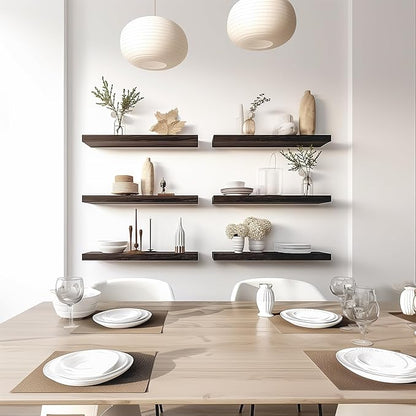 Brown Wood Floating Shelves for Wall Rustic Wall Shelf for Bedroom Living Room Set of 6