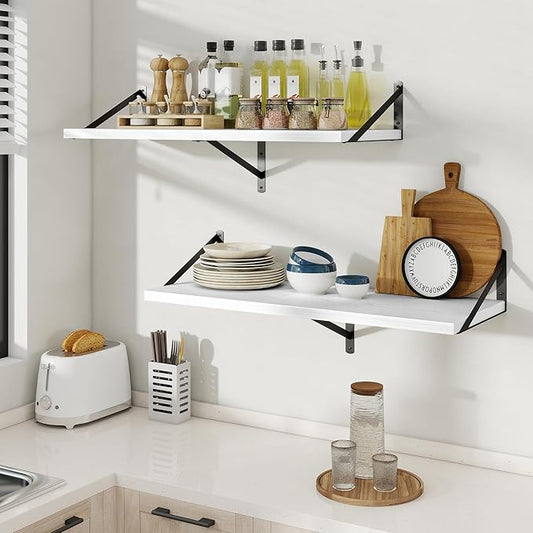 Floating Shelves, 12 Inch Deep Rustic Wood Wall Storage, 36W x 12D Wall Shelves Set of 2, Heavy Duty Metal Brackets, Large Industrial Book Shelf for Living Room, Kitchen, Bedroom, White