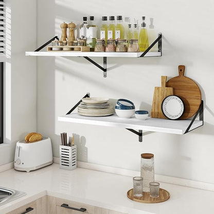 Floating Shelves, 12 Inch Deep Rustic Wood Wall Storage, 24W x 12D Wall Shelves Set of 2, Heavy Duty Metal Brackets, Large Industrial Book Shelf for Living Room, Kitchen, Bedroom, White