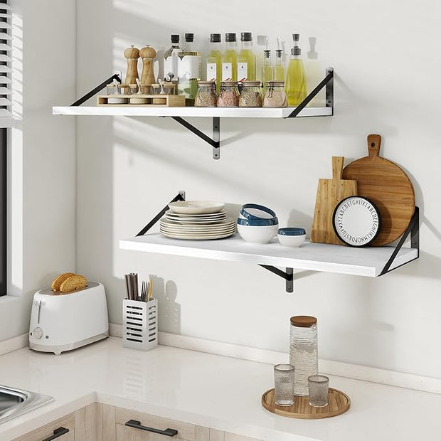 Floating Shelves, 12 Inch Deep Rustic Wood Wall Storage, 36W x 12D Wall Shelves Set of 2, Heavy Duty Metal Brackets, Large Industrial Book Shelf for Living Room, Kitchen, Bedroom, White