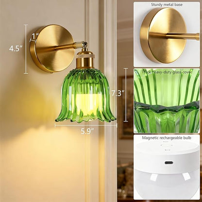 Vintage Battery Operated Wall Sconce with Green Stripe Glass Lampshade Rechargeable Battery Powered Wall Light with Remote Control for Bedside Bedroom Bathroom, Set of 1