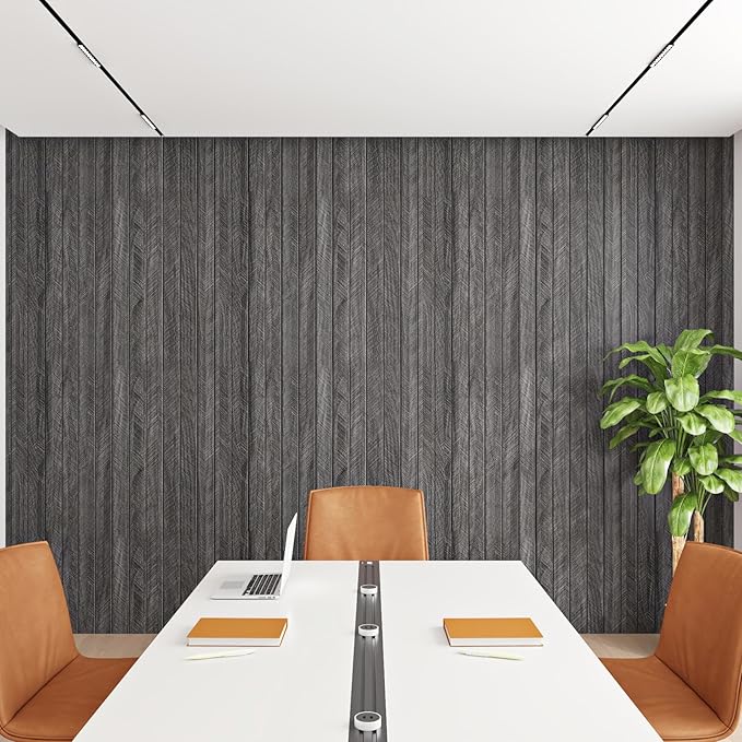 ReWallpaper 24inx16.5ft Charcoal Black Wood Panels Peel and Stick Sound Proof Foam Panels for Walls Self Adhesive Faux Wood Slat Wall Panel Waterproof Wall Covering for Garage Living Room Accent Walls