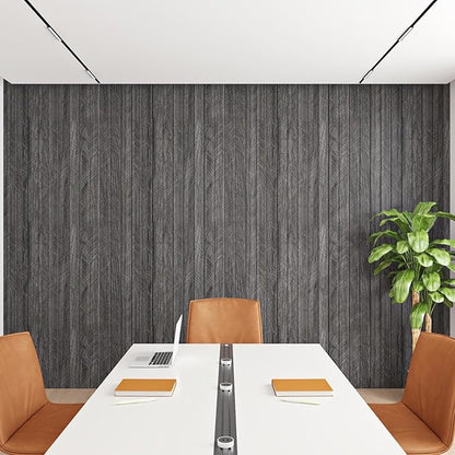 ReWallpaper 24inx16.5ft Charcoal Black Wood Panels Peel and Stick Sound Proof Foam Panels for Walls Self Adhesive Faux Wood Slat Wall Panel Waterproof Wall Covering for Garage Living Room Accent Walls
